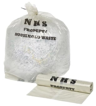 Picture of Clear Printed NHS Household Waste Sacks - Large - 15" x 28" x 36" - 50 Bags Per Roll - [OL-OL405/A] - (HP)