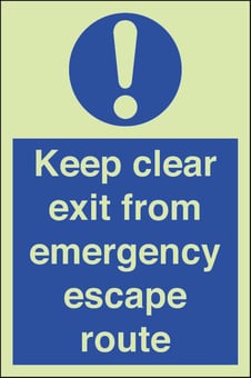 picture of Photoluminescent Keep Clear Exit From Emergency Escape Route Signs - 200 X 300Hmm - Self Adhesive Rigid Plastic - [AS-PH265-SARP]