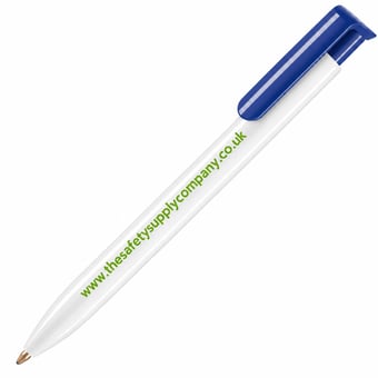 Picture of Custom Branded White Ballpen With Dark Blue Clip - Blue Ink - [IH-DB-PATEBDBLUE]