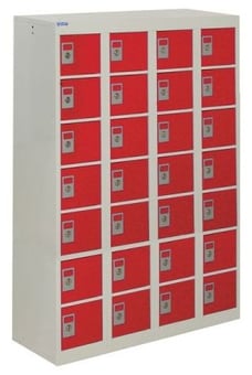 picture of QMP Personal Effects Locker - 28 Compartment - Red Doors - 1285H x 900W x 380D mm - [QM-LR129038HRXX]