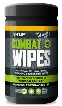 Picture of V-TUF Combat Wipes Antiviral Antibacterial Hand & Surface Cleaning Disinfectant Wipes - 200 per Tub - Box of 24 - [VT-VTABW-200-BOX]