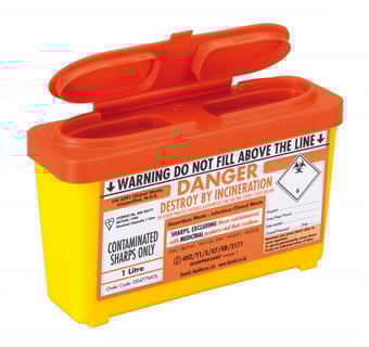 Picture of SHARPSGUARD Orange Lid 1 Ltr Web Sharps Bin BS7320:1990 - [DH-DD477WOL]