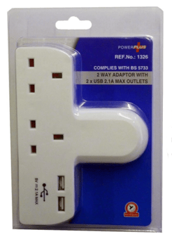 picture of Power Plus 2 Way Plug In Adaptor With 2x USB - 2.1 Amp - [PU-1326]