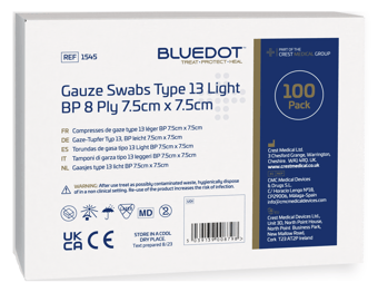 Picture of Blue Dot Non-Sterile Gauze Swabs 7.5cm x 7.5cm - Pack of 100 - [CM-1545]