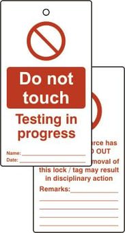 picture of Spectrum Lockout tags - Do not touch testing in progress - (Double sided 10 pack) - SCXO-CI-LOK078