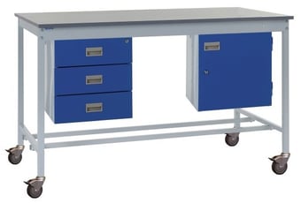 Picture of Mobile Square Tube Workbench - Laminate Top - 840H x 1800W x 750D mm - Storage Cupboard & Triple Drawer - [QM-BM841875PX3C]