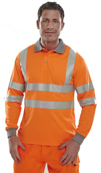 Picture of Beeswift Hi Vis Quality Orange Long Sleeve Polo Shirt - Grey Collar - BE-BPKSLSEN/OR