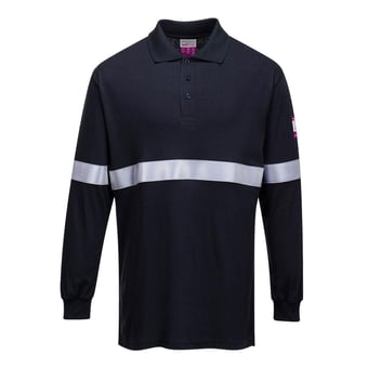 picture of Portwest - Navy Blue Flame Resistant Anti-Static Long Sleeve Polo Shirt with Reflective Tape - [PW-FR03NAR]