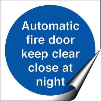 Picture of Automatic Fire Door Keep Clear Close At Night LARGE - BS5499 Part 1 & 5 - 150 X 150Hmm - Self Adhesive Vinyl - [AS-MA180-SAV]