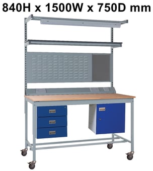 picture of Mobile Square Tube Workbench - Beech Top - 840H x 1500W x 750D mm - Triple Drawer, Light & Tool Rail Support - [QM-BM841575B12B]