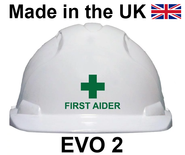 JSP - EVO2 Safety Helmet - FIRST AIDER Printed on Front in Green - [JS-AJE030-000-100-FA]