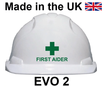 picture of JSP - EVO2 Safety Helmet - FIRST AIDER Printed on Front in Green - [JS-AJE030-000-100-FA]