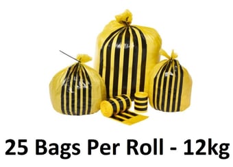 picture of Black and Yellow Tiger Stripe Waste Sacks - Large - Heavy Duty - 15" x 28" x 39" - 25 Bags Per Roll - 12kg - [OL-OL704/A] - (HP)