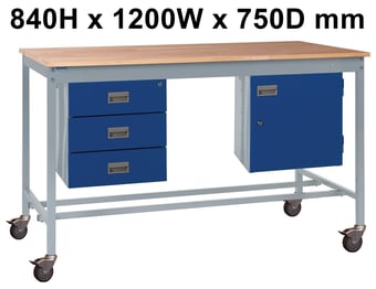 picture of Mobile Square Tube Workbench - Beech Top - 840H x 1200W x 750D mm - Storage Cupboard & Triple Drawer - [QM-BM841275BX4A]