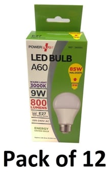 picture of Power Plus - 9W - E27 Energy Saving A60 LED Bulb - 800 Lumens - 3000k Warm Light - Pack of 12 - [PU-3400]