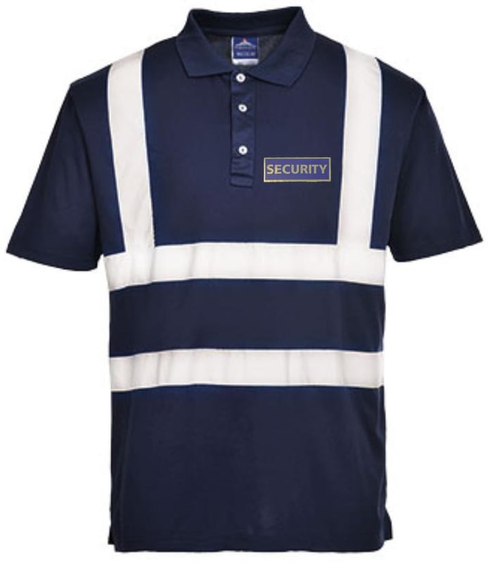 picture of SECURITY Printed Front and Back - Navy Hi-Vis Iona Poloshirt - 100% Polyester 155g Bird Eye Knit - PW-F477NAR