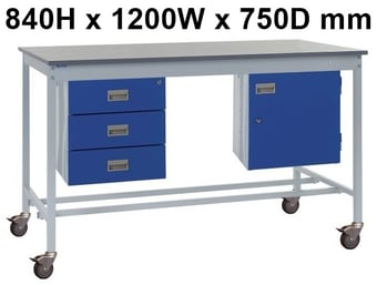 picture of Mobile Square Tube Workbench - Laminate Top - 840H x 1200W x 750D mm - Storage Cupboard & Triple Drawer - [QM-BM841275PX3A]