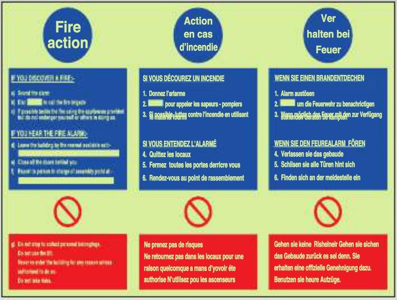 picture of Photoluminescent Fire Action English, French and German Sign - 400 X 300Hmm - Self Adhesive Rigid Plastic - [AS-PH296-SARP]