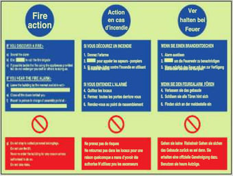picture of Photoluminescent Fire Action English, French and German Sign - 400 X 300Hmm - Self Adhesive Rigid Plastic - [AS-PH296-SARP]