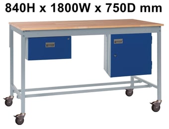 picture of Mobile Square Tube Workbench - Beech Top - 840H x 1800W x 750D mm - Single Drawer & Storage Cupboard - [QM-BM841875BX2C]