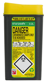 Picture of Sharpsafe Recycled Sharps Bin - Yellow Lid - Clear Opening - 0.2L - Box Deal of 100 - [IH-VC-51732430]