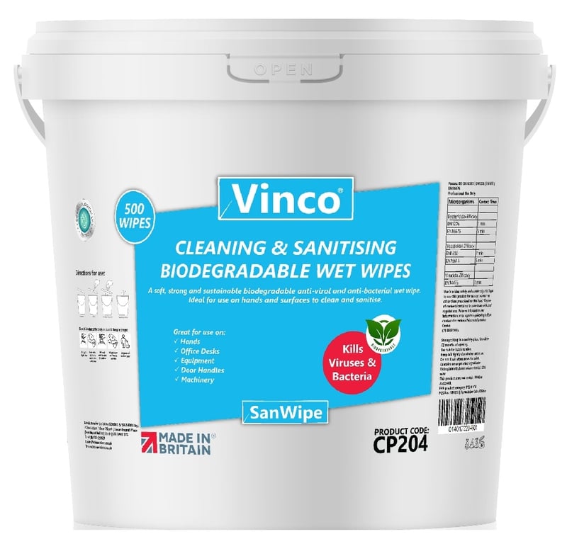 Vinco-SanWipe QUAT Formula Plastic Free Wet Wipes - 500 Wipes - [HCI-CP204]