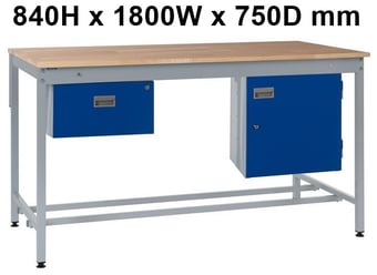 picture of Square Tube Workbench - Beech Top - 840H x 1800W x 750D mm - Single Drawer & Storage Cupboard - [QM-BQ841875BX2C]