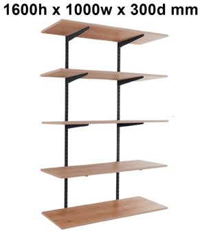 picture of BiGDUG Office Wall Mounted Shelving Kit - 1600h x 1000w x 300d mm - 5 Oak Melamine Levels - [BDU-TSB1635OO]