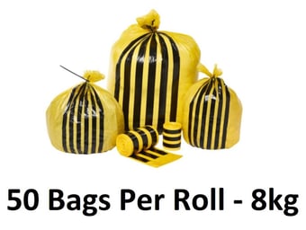 picture of Black and Yellow Tiger Stripe Waste Sacks - Large - Medium Duty - 15" x 28" x 39" - 50 Bags Per Roll - 8kg - [OL-OL703/A] - (HP)