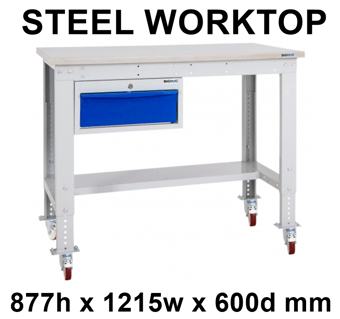 picture of BiGDUG Heavy Duty Mobile Storage Workbench - 877h x 1215w x 600d mm - Single Drawer - Steel Worktop - [BDU-HDMSWB126H1DS]
