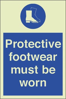 Picture of Photoluminescent Protective Footwear Must Be Worn Signs - 200 X 300Hmm - Self Adhesive Rigid Plastic - [AS-PH258-SARP]