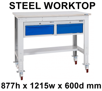 picture of BiGDUG Heavy Duty Mobile Storage Workbench - 877h x 1215w x 600d mm - 2 Drawers - Steel Worktop - [BDU-HDMSWB126H2DS]