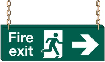 picture of Hanging Fire Exit Sign SMALL - Arrow East - 400 x 150Hmm - 3mm Foamex - WITHOUT Holes for Chains - Fittings and Chains Sold Separately - [AS-HA17-FOAM]