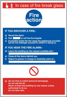Picture of Fire Action Break Glass Sign LARGE - 400 x 600Hmm - Rigid Plastic - [AS-FI67-RP]