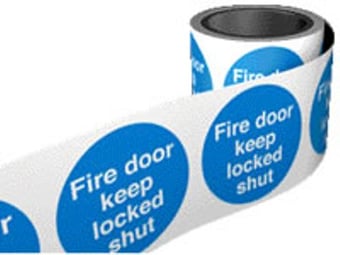 picture of Fire Labels On a Roll - Fire Door Keep Locked Shut - Self Adhesive Vinyl - 100mm x 100Hmm - [AS-FDR2]