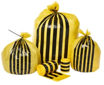 Picture of Black and Yellow Tiger Stripe Waste Sacks - Medium - 14" x 22" x 25" - 50 Bags Per Roll - 5kg - [OL-OL702/A] - (HP) - (DISC-R)