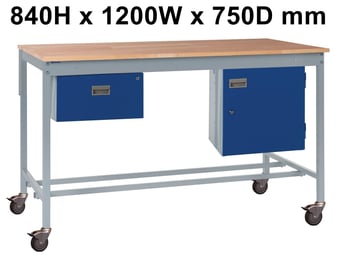 picture of Mobile Square Tube Workbench - Beech Top - 840H x 1200W x 750D mm - Single Drawer & Storage Cupboard - [QM-BM841275BX2A]