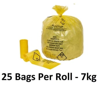 picture of Yellow NHS Clinical Waste Sacks - Small - Heavy Duty - 11" x 17" x 26" - 25 Bags Per Roll - 7kg - [OL-OL621/A]