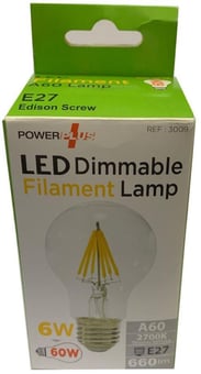 Picture of Power Plus - 6W - E27 Energy Saving A60 LED Filament Bulb - 660 Lumens - 2700k Warm White - Pack of 10 - [PU-3009]