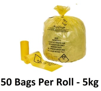 picture of Yellow NHS Clinical Waste Sacks - Small - Medium Duty - 11" x 17" x 26" - 50 Bags Per Roll - 5kg - [OL-OL601/A] - (DISC-W)