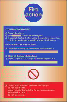 picture of Prestige Fire Action Sign - Gold Effect - 200 x 300Hmm - 1.5mm Aluminium - [AS-GOLD9-ALU]