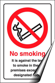 picture of No Smoking - Against the Law to Smoke in Premises Except Designated Sign - 148 x 210Hmm - Self Adhesive Vinyl - [AS-PR506-SAV]