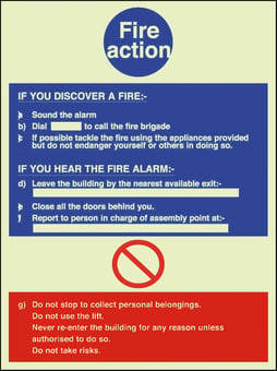 picture of Photoluminescent Signs Fire Action Sign - 150 X 200Hmm - Self Adhesive Rigid Plastic - [AS-PH26A-SARP]