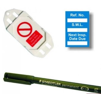 picture of Safe Working Load Mini Tag Insert Kit – Blue (20 AssetTag holders, 40 inserts, 1 pen) – [SCXO-CI-TG61BK]