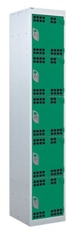 picture of QMP Tool Charging Locker - Perforated Door - RCD Plug - 5 Compartment - Green - 1800H x 300W x 450D mm - [QM-BR1830455GPX]
