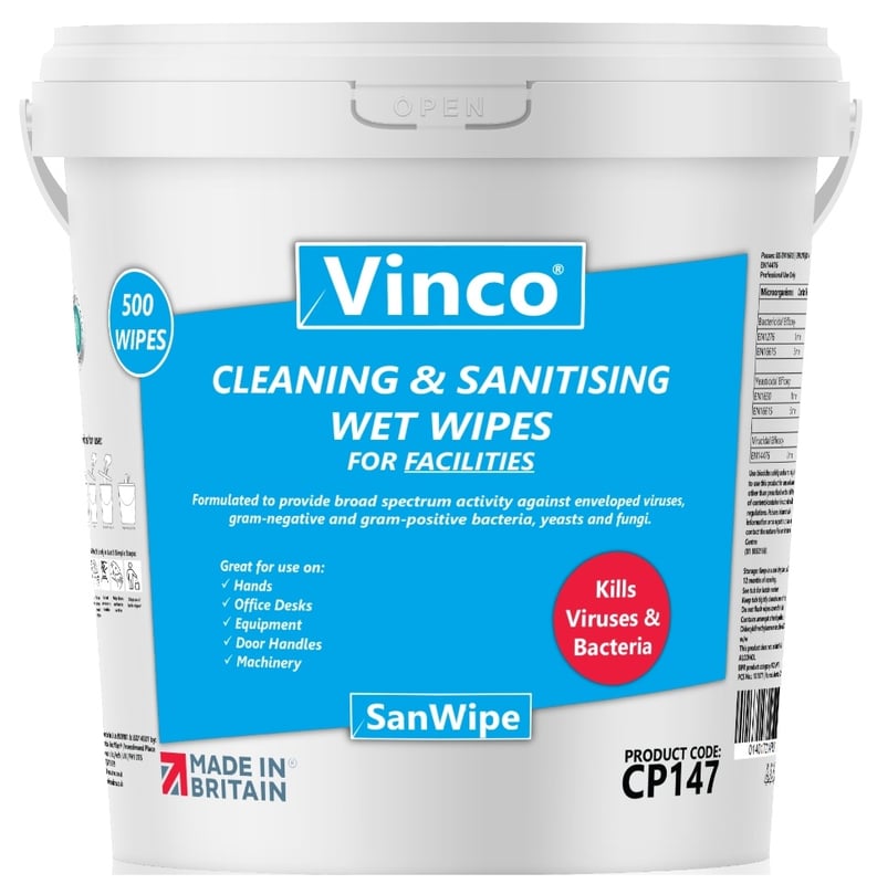 Vinco-SanWipe Cleaning & Sanitising Wipes For Facilities - 500 White Wipes - [HCI-CP147]