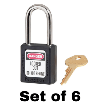 picture of Set of 410 Zenex Thermoplastic Safety Padlock - Black - With One 'Key Alike' Key - Set of 6 - MA-410KABLK