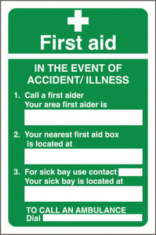 picture of First Aid Signs - In The Event of Accident/Illness - 200 X 300Hmm - Rigid Plastic - [AS-SA89-RP]