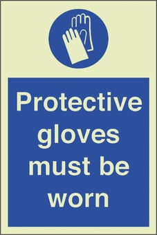 picture of Photoluminescent Protective Gloves Must Be Worn Signs - 200 X 300Hmm - Self Adhesive Rigid Plastic - [AS-PH257-SARP]