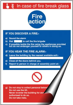 Picture of Fire Action Break Glass Sign LARGE - 400 x 600Hmm - Self Adhesive Vinyl - [AS-FI67-SAV]